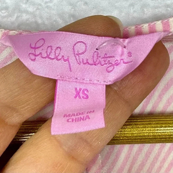 Lilly Pulitzer 100% Silk Striped Blouse Top XS White Pink Short Sleeves Flowy - Picture 5 of 5
